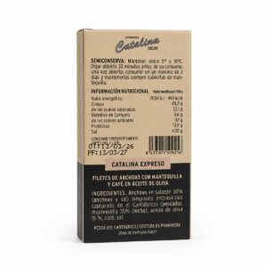 Etiqueta posterior de Anchoas Catalina Mantequilla Café 8 filetes 45 g con ingredientes e información nutricional