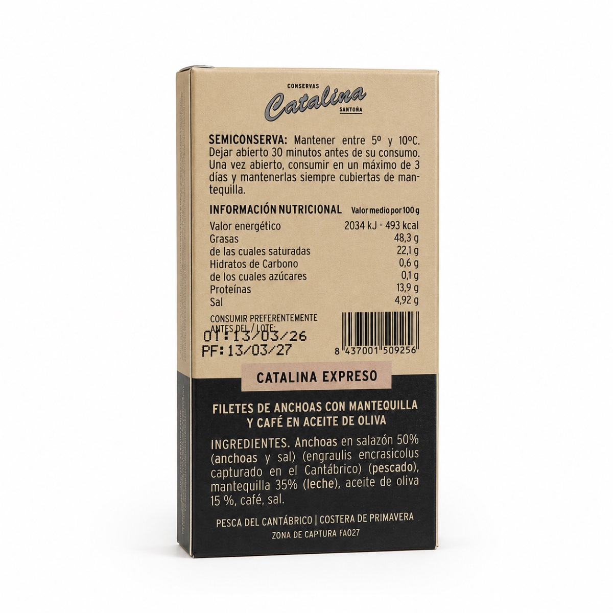 Anchoas Catalina Mantequilla Café · 8 Filetes · 45 g · Etiqueta Etiqueta posterior de Anchoas Catalina Mantequilla Café 8 filetes 45 g con ingredientes e información nutricional