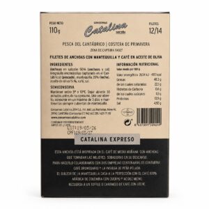 Etiqueta posterior de Anchoas Catalina en Mantequilla con Café 12/14 filetes 110 g con ingredientes e información nutricional
