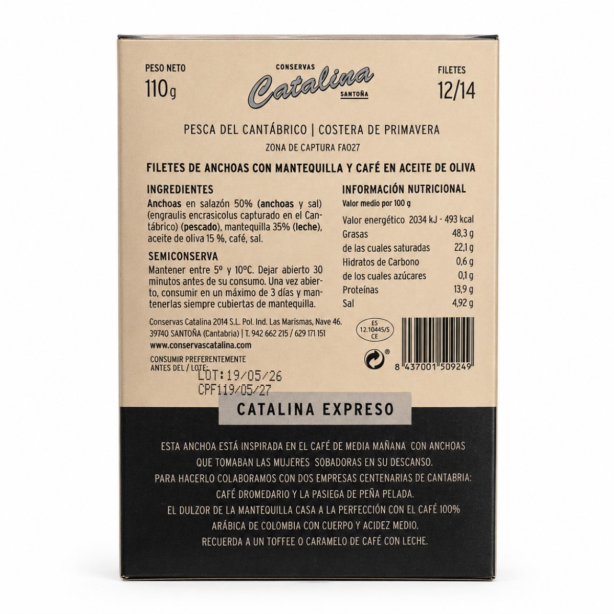 Anchoas Catalina en Mantequilla con Café · 12/14 Filetes · 110 g · Etiqueta Etiqueta posterior de Anchoas Catalina en Mantequilla con Café 12/14 filetes 110 g con ingredientes e información nutricional