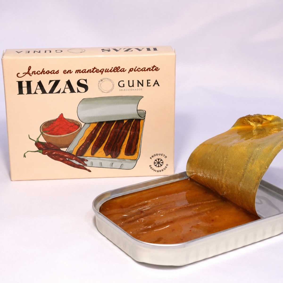 Anchoas Hazas en Mantequilla Picante 85 g lata abierta Anchoas Hazas en Mantequilla Picante 85 g con lata abierta