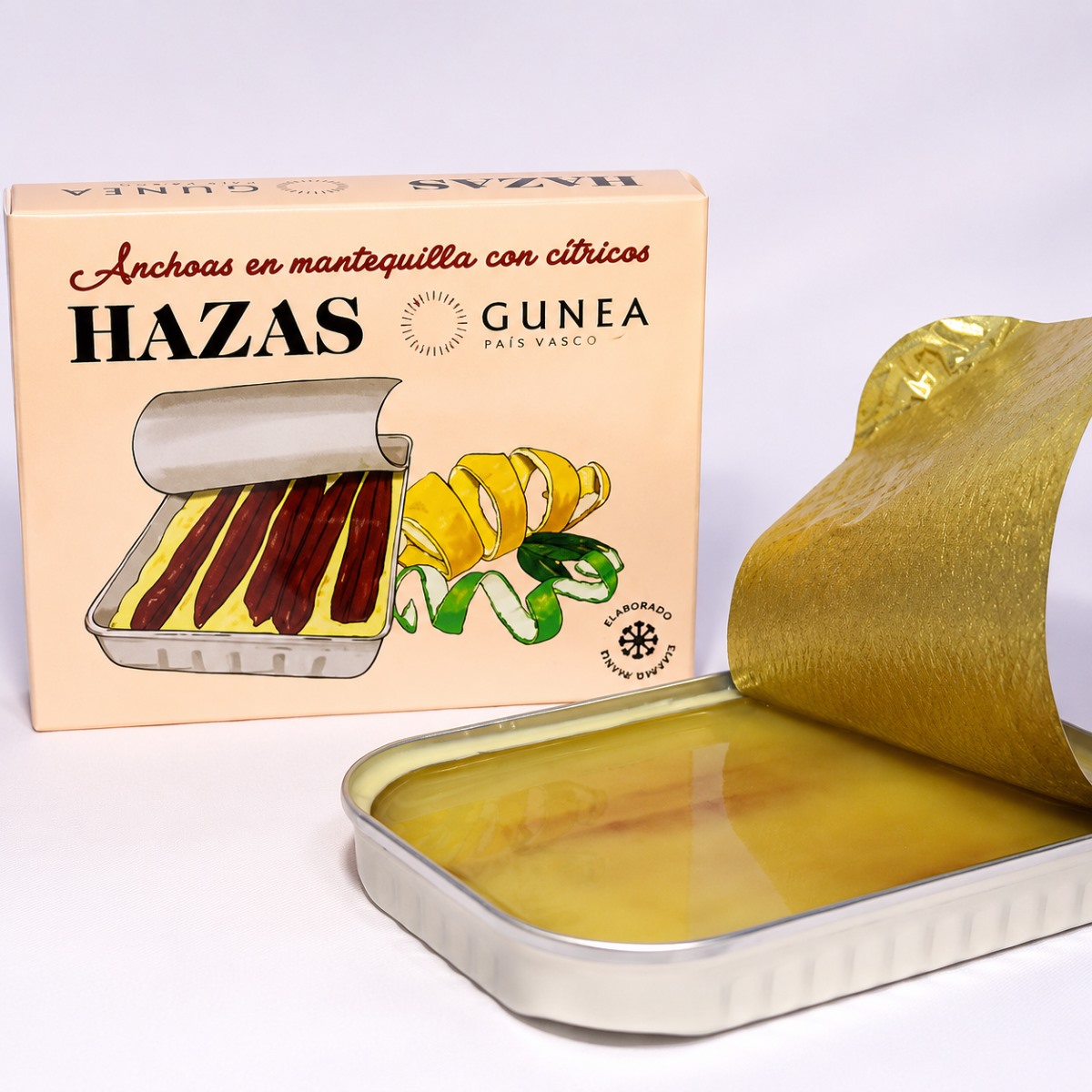 Anchoas Hazas en Mantequilla de Cítricos 85 g lata abierta Anchoas Hazas en Mantequilla de Cítricos 85 g con lata abierta