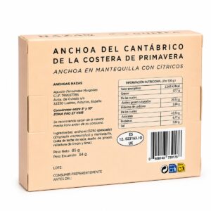 Etiqueta posterior de Anchoas Hazas en Mantequilla de Cítricos 85 g con ingredientes e información nutricional