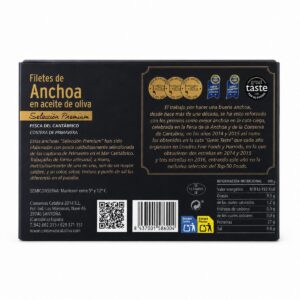 Etiqueta posterior de Anchoas Premium del Cantábrico Conservas Catalina 10/12 filetes 110 g con información nutricional