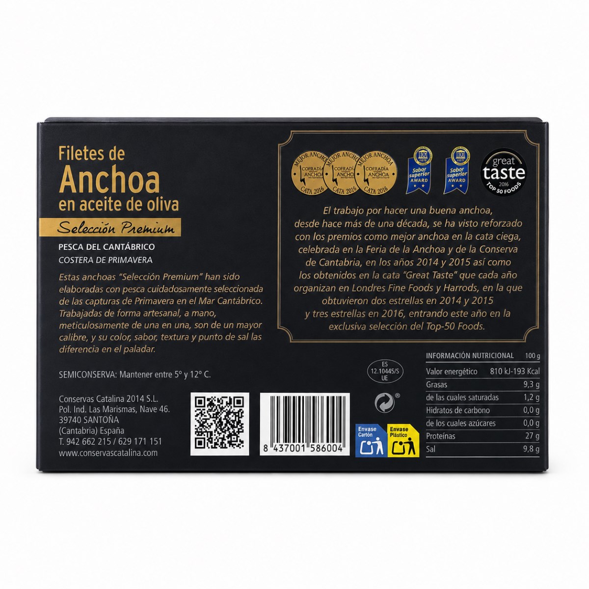 Anchoas Premium del Cantábrico Conservas Catalina · 10/12 Filetes · 110 g · Etiqueta Etiqueta posterior de Anchoas Premium del Cantábrico Conservas Catalina 10/12 filetes 110 g con información nutricional