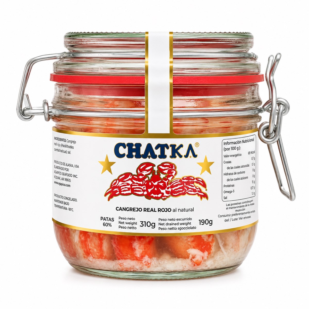 Cangrejo Real Rojo al Natural 60% Patas Chatka 310 g Cangrejo Real Rojo al Natural 60% patas Chatka 310 g en tarro de cristal