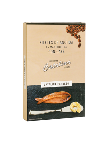 Filetes de Anchoa en Mantequilla con Café – Catalina Expreso Filetes de anchoa en mantequilla con café Catalina Expreso, conserva gourmet artesanal presentada en estuche.