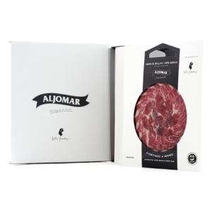 Jamón de Bellota 100% Ibérico Aljomar cortado a cuchillo en estuche de 5 platos