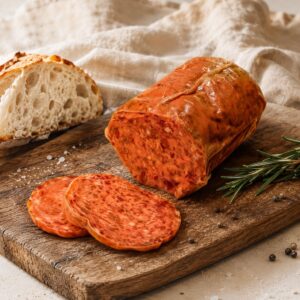 Nduja de Spilinga Calabrese Salumificio Fiamingo 150 g servida en tabla con pan artesano y romero