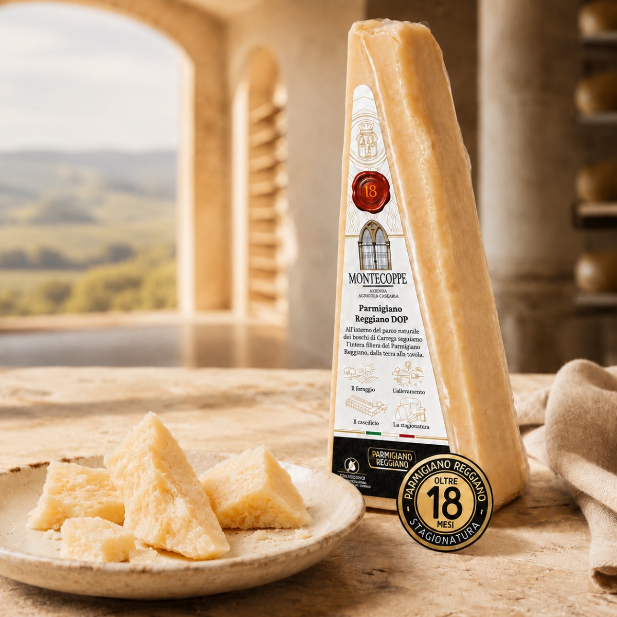 Parmigiano Reggiano DOP Montecoppe 18 Meses servido en trozos Parmigiano Reggiano DOP Montecoppe 18 meses con trozos de queso