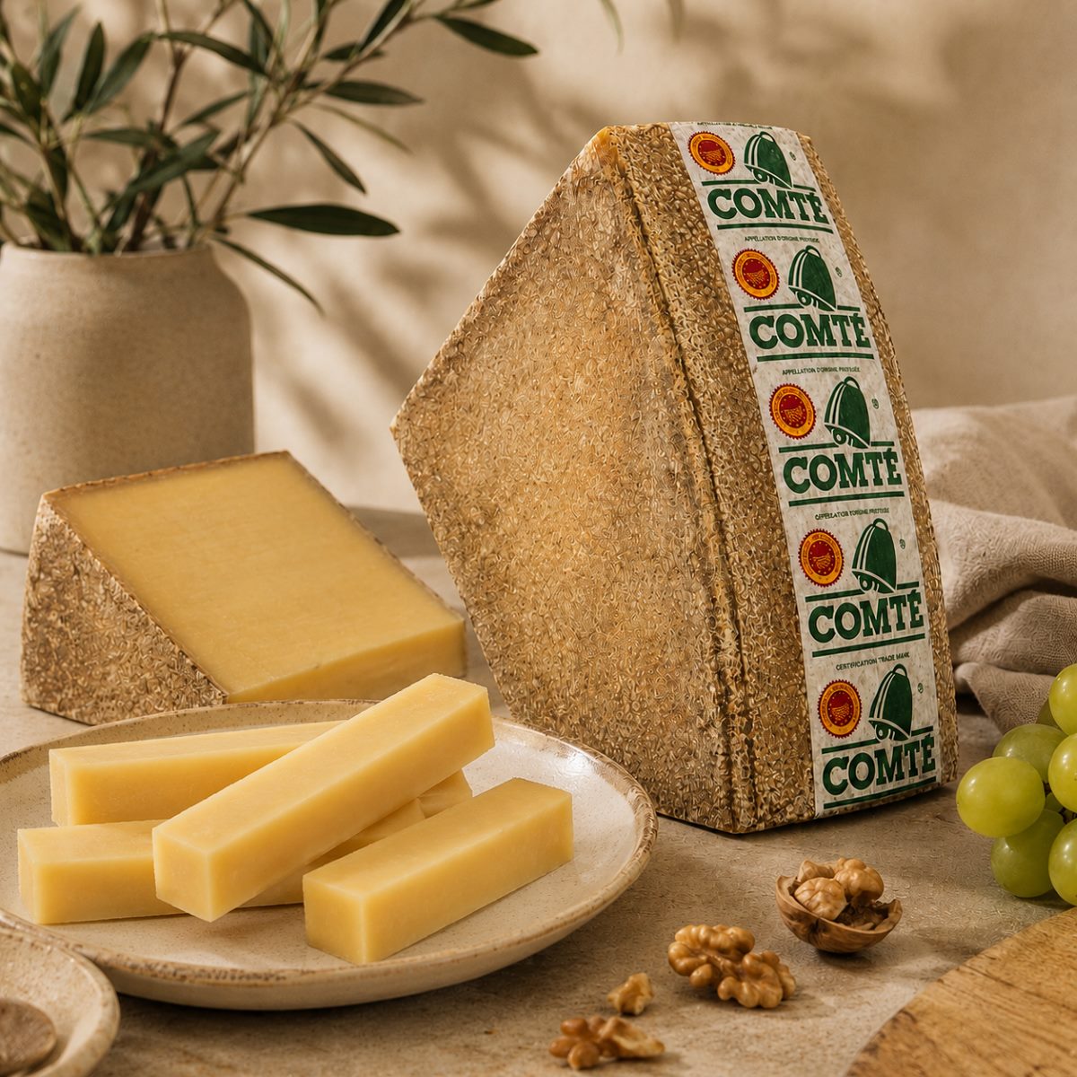 Queso Comté 24 Meses AOC Servido Queso Comté 24 meses AOC servido en bastones con uvas, nueces y pieza original