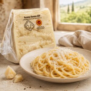 Queso Pecorino Romano DOP con pasta italiana y queso rallado