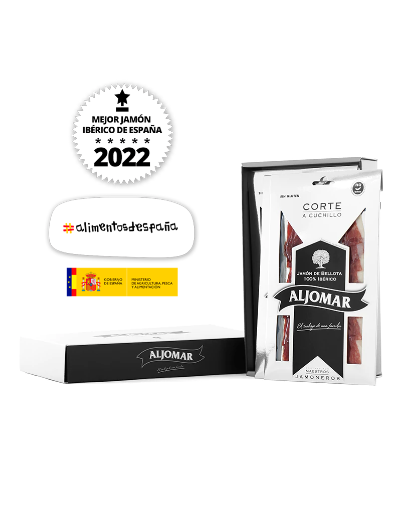 Jamón de Bellota 100% Ibérico Aljomar – Corte a Cuchillo Jamón de bellota 100% ibérico Aljomar corte a cuchillo loncheado premiado 2022
