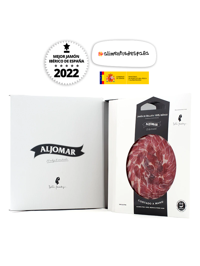 Jamón de Bellota 100% Ibérico Aljomar – Cortado a Mano en Estuche Jamón de bellota 100% ibérico Aljomar cortado a mano en estuche premium