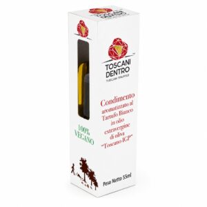 Condimento de aceite de oliva virgen extra Toscano IGP con trufa blanca Toscani Dentro 55 ml en estuche blanco