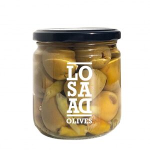 Aceituna Gordal sin hueso picante Losada en tarro de cristal, aceituna verde grande aliñada con toque picante