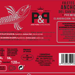 Información nutricional y etiquetado de anchoas del Cantábrico premium en aceite de oliva José Peña