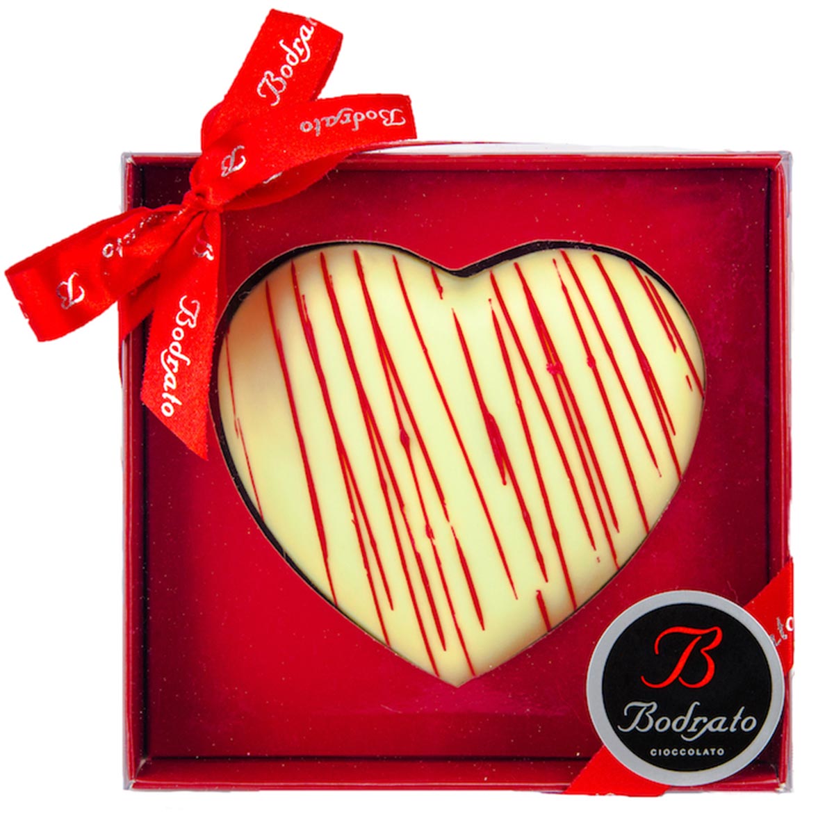 Corazón de Chocolate Blanco Rayado Bodrato · San Valentín · 80 g Corazón de chocolate blanco rayado Bodrato 80 g en estuche rojo · regalo gourmet San Valentín