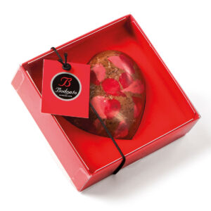 Corazón de chocolate con leche con pétalos Bodrato 80 g · regalo gourmet San Valentín en estuche rojo