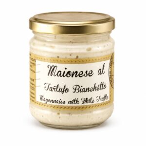 Mayonesa con Trufa Bianchetto en tarro de cristal sobre fondo blanco