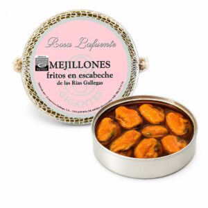 Mejillones Fritos en Escabeche Rosa Lafuente 8 piezas gigantes 111 g con lata abierta