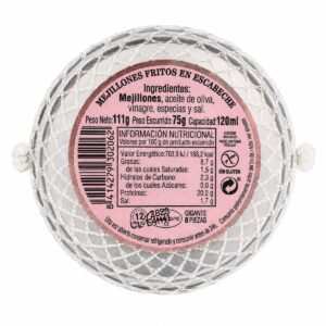 Etiqueta de Mejillones Fritos en Escabeche Rosa Lafuente 8 piezas gigantes 111 g con ingredientes e información nutricional