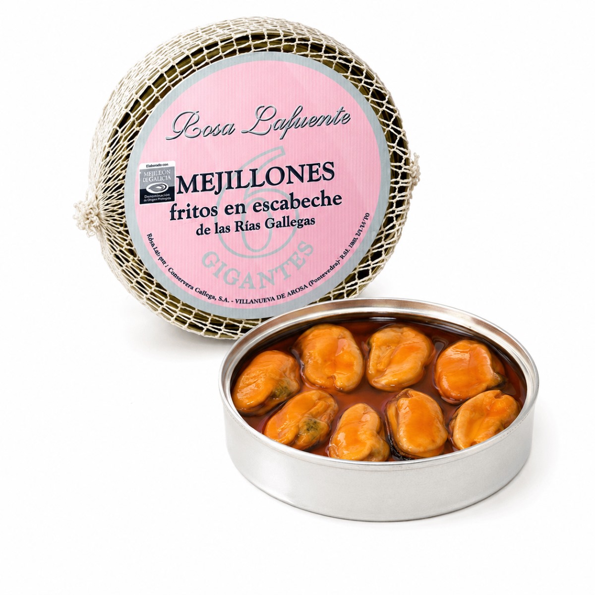 Mejillones Rosa Lafuente Fritos en Escabeche · 10 Piezas Grandes · 115 g Mejillones Rosa Lafuente Fritos en Escabeche 10 piezas grandes 115 g con lata abierta