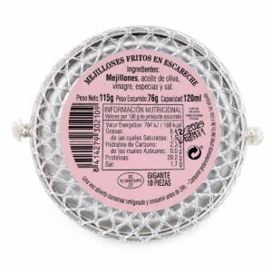Etiqueta de Mejillones Rosa Lafuente Fritos en Escabeche 10 piezas grandes 115 g con ingredientes e información nutricional