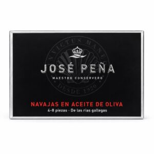 Navajas en aceite de oliva José Peña 4-8 piezas en estuche negro sobre fondo blanco