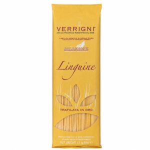 Linguine Verrigni en paquete amarillo con pasta visible sobre fondo blanco