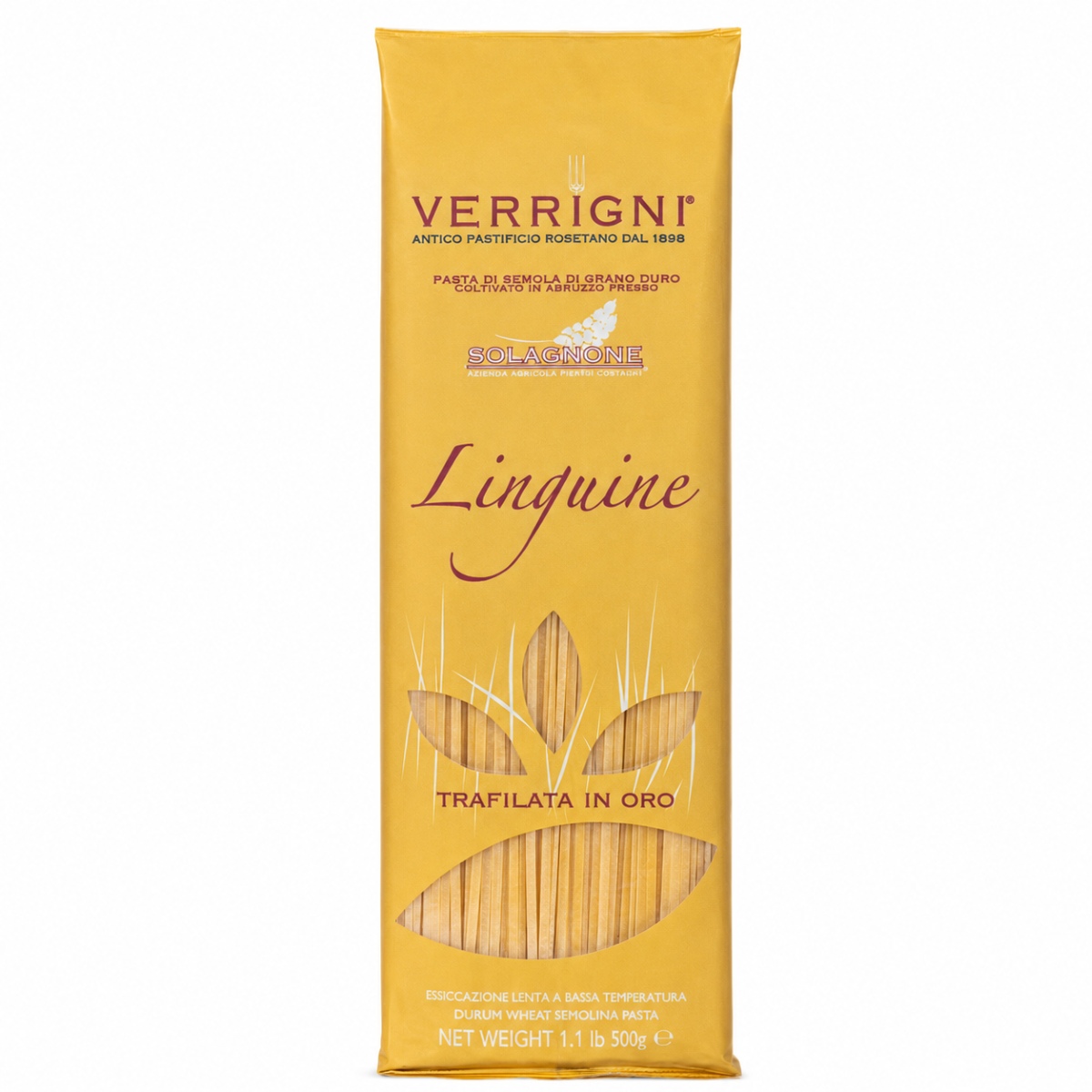 Linguine Verrigni Linguine Verrigni en paquete amarillo con pasta visible sobre fondo blanco