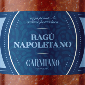 Etiqueta del Ragù Napoletano Carmiano, sugo italiano de carne y tomate elaborado en Gragnano