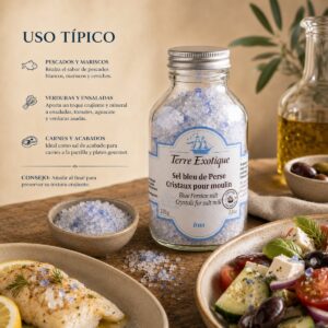Sal Azul Persa Terre Exotique con usos típicos para pescados, mariscos, verduras, ensaladas y carnes