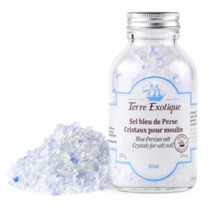 Sal Azul Persa Terre Exotique 250 g en tarro de cristal con cristales azules sobre fondo blanco