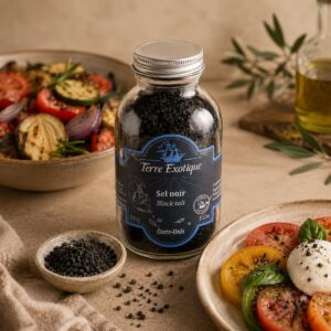 Sal Negra de Hawai Terre Exotique servida junto a ensalada de tomate, burrata, verduras asadas y aceite de oliva