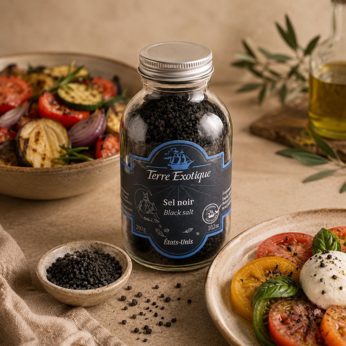 Sal Negra de Hawai Terre Exotique Servida Sal Negra de Hawai Terre Exotique servida junto a ensalada de tomate, burrata, verduras asadas y aceite de oliva