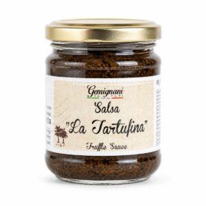 Salsa La Tartufina Gemignani en tarro de cristal sobre fondo blanco