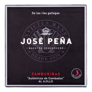Zamburiñas al ajillo picantes José Peña, conserva gourmet de las rías gallegas en lata premium con elaboración tradicional