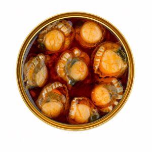 Zamburiñas en salsa de vieira Rosa Lafuente Pesca de Rías 111 g en lata abierta