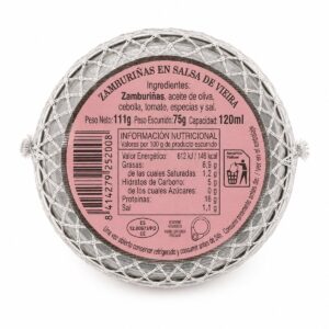 Etiqueta de Zamburiñas en salsa de vieira Rosa Lafuente Pesca de Rías 111 g con ingredientes e información nutricional