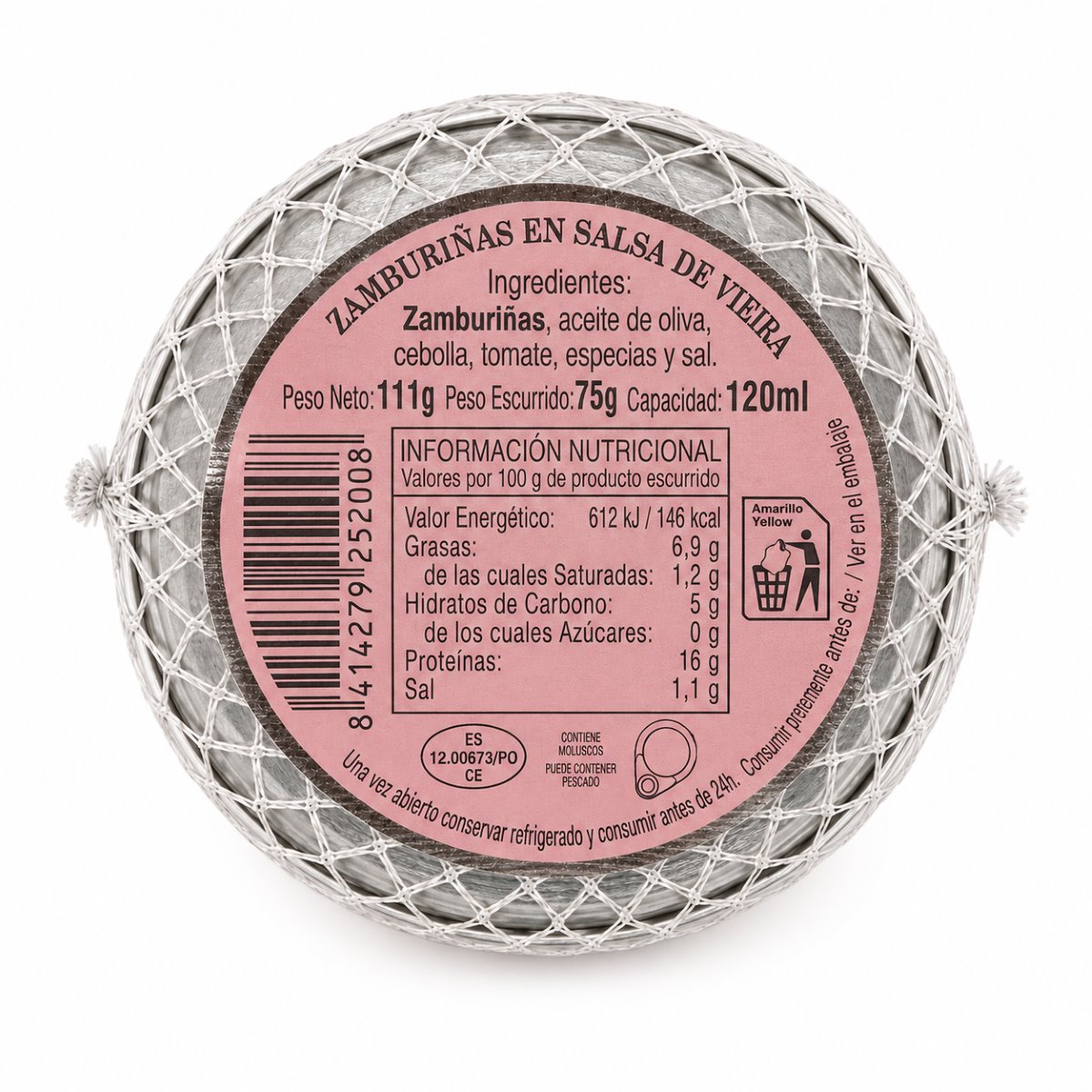 Zamburiñas en Salsa de Vieira Rosa Lafuente · Pesca de Rías · 111 g · Etiqueta Etiqueta de Zamburiñas en salsa de vieira Rosa Lafuente Pesca de Rías 111 g con ingredientes e información nutricional