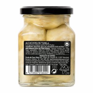Etiqueta posterior de Alcachofas de Tudela Enteras Extra al Natural La Catedral de Navarra 10/12 frutos 290 g