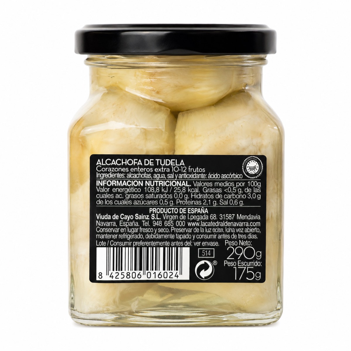 Alcachofas de Tudela Enteras Extra al Natural La Catedral de Navarra · 10/12 Frutos · 290 g · Etiqueta Etiqueta posterior de Alcachofas de Tudela Enteras Extra al Natural La Catedral de Navarra 10/12 frutos 290 g