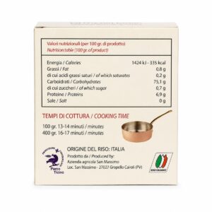 Información nutricional y tiempos de cocción del Arroz Carnaroli Classico Riserva San Massimo en Caja 250 g