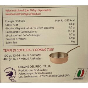 Etiqueta trasera arroz Carnaroli Riserva San Massimo 250 g con valores nutricionales y tiempos de cocción
