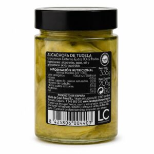 Etiqueta posterior de Corazones de Alcachofa de Tudela IGP Extra La Catedral de Navarra 10/12 frutos 335 g con ingredientes e información nutricional