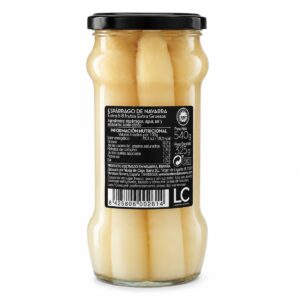 Etiqueta posterior de Espárragos Blancos de Navarra IGP Extra La Catedral de Navarra 6/8 frutos 540 g con ingredientes e información nutricional