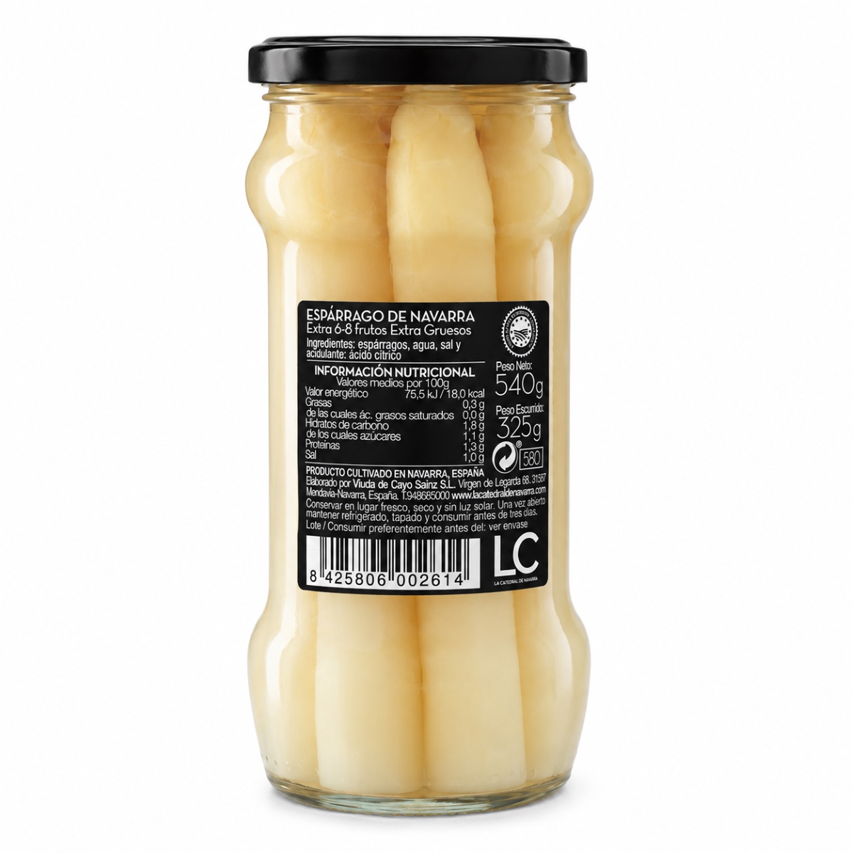 Espárragos Blancos de Navarra IGP Extra La Catedral de Navarra · 6/8 Frutos · 540 g · Etiqueta Etiqueta posterior de Espárragos Blancos de Navarra IGP Extra La Catedral de Navarra 6/8 frutos 540 g con ingredientes e información nutricional