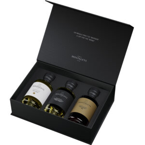 Estuche regalo Finca Hostalets 1898 abierto con aceite de oliva virgen extra, vinagre balsámico y aceite de trufa blanca