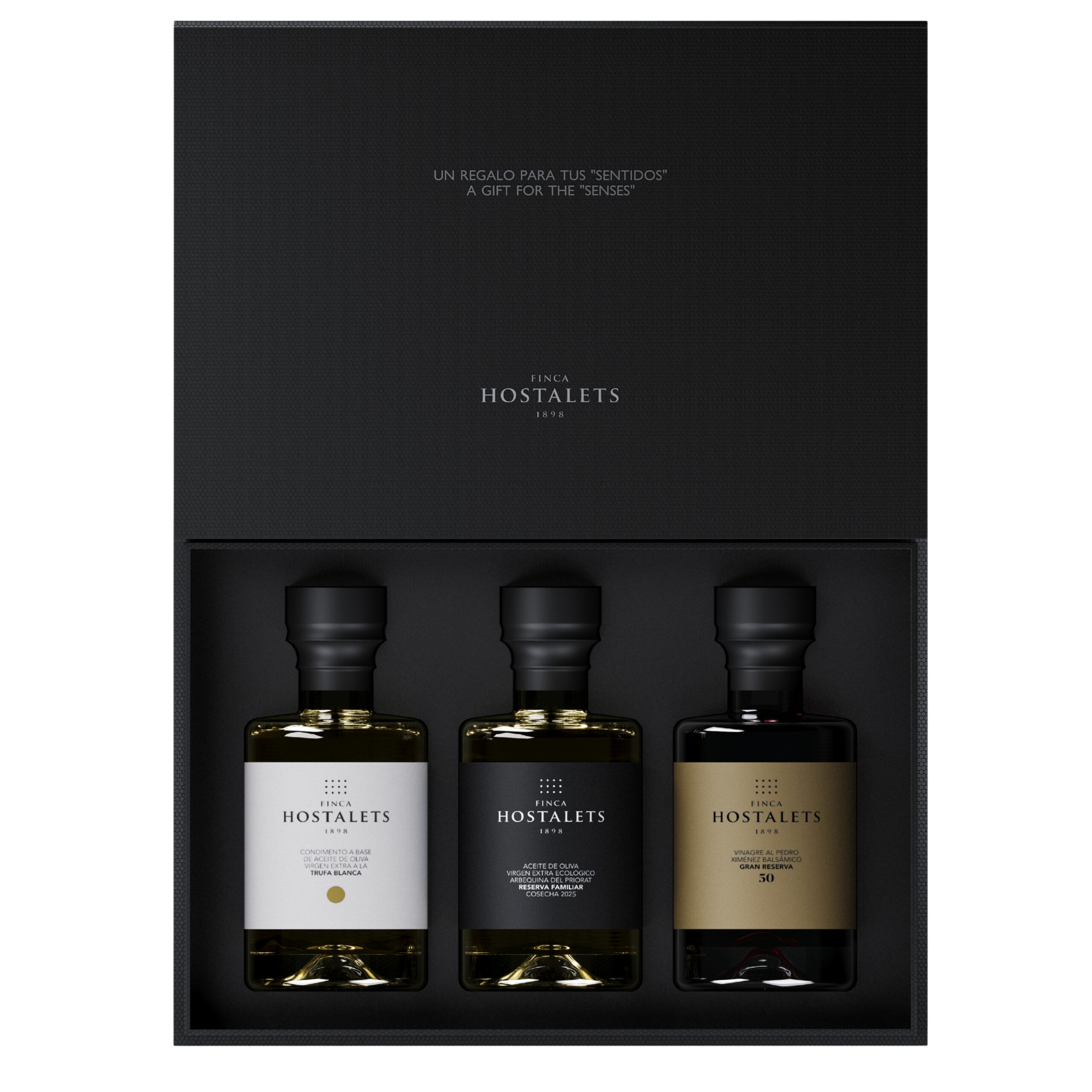 Estuche Gourmet Finca Hostalets 1898 · AOVE, Vinagre Balsámico y Trufa Blanca Estuche regalo aceite de oliva virgen extra, vinagre balsámico y aceite de trufa blanca Finca Hostalets 1898